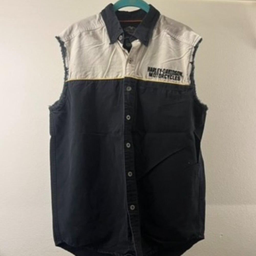Harley-Davidson Sleeveless Button-Up Shirt Vest Black & White Colorblock Med
